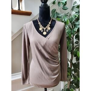 Regna Women's Tan Polyester V-Neck Long Sleeve Casual Top Shirt Size Large